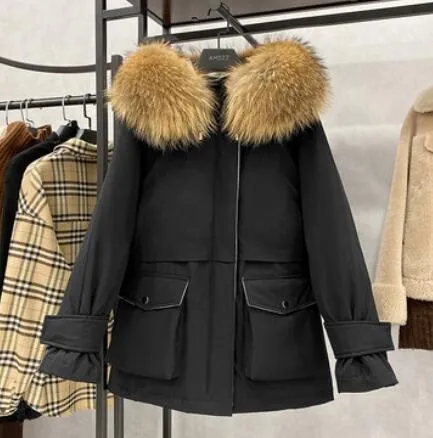 Ladies Fox Fur Hooded Down Coat 90% White Duck Down Jacket
